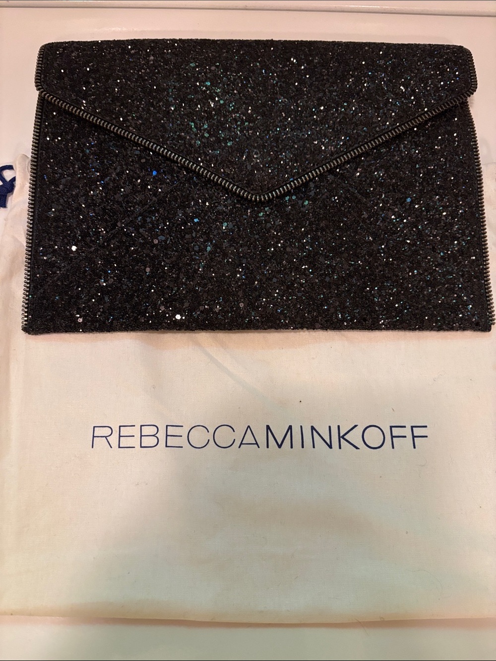 Rebecca Minkoff Black Glitter Envelope Clutch (11" x 7") with RM Dust Bag